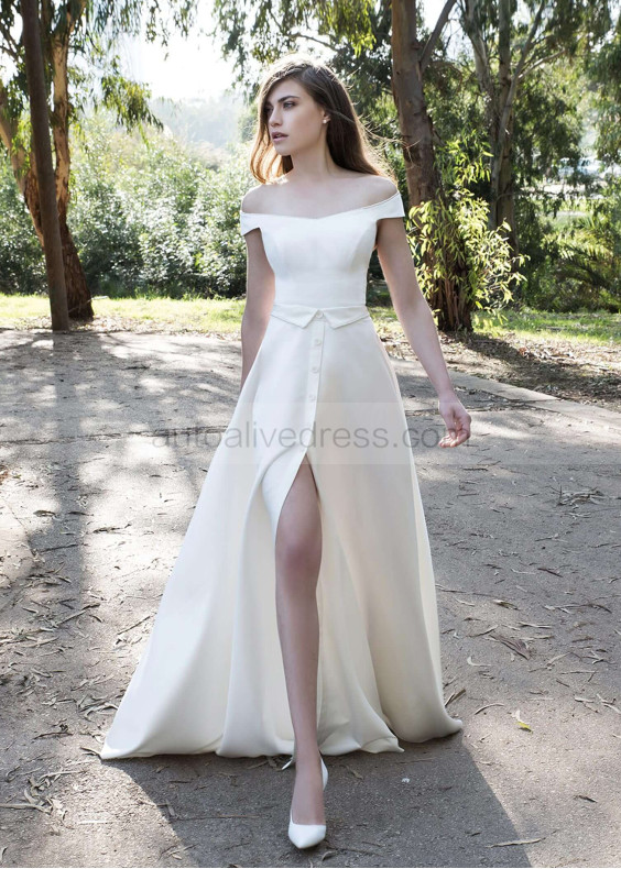 Off Shoulder Ivory Satin Slit Wedding Dress